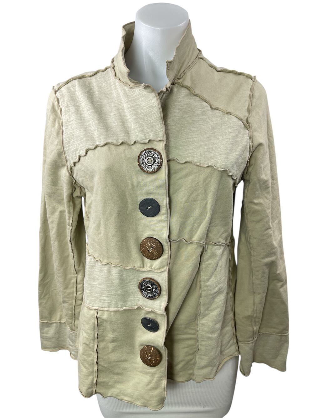 Neon Buddha Pieced-Panel Womens Beige Patchwork Cardigan Blazer Coat Jacket Sz M